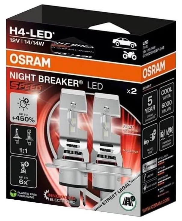 Set de 2 becuri LED auto NIGHT BREAKER SPEED H4 (P43t) / 14 W / 12 V / 6000 K - Osram