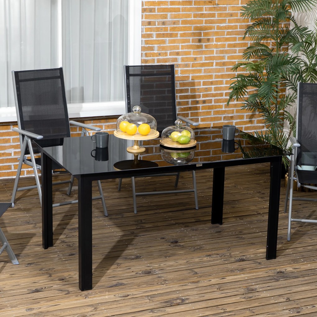 Outsunny Masă de grădină rectangulară din aluminiu și blat de sticlă securizat - 6 persoane 150 x 90 x 74 cm negru | Aosom Romania