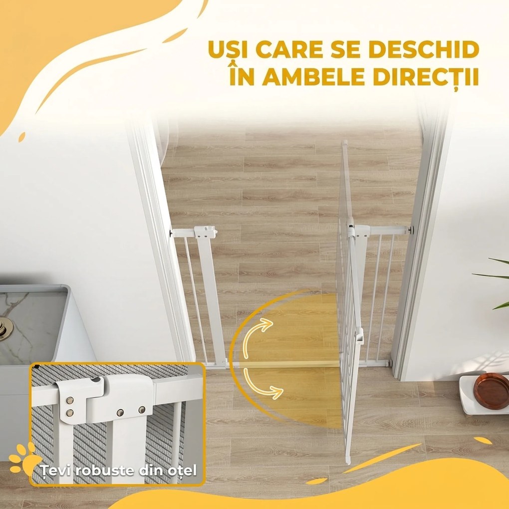 PawHut Poartă de Siguranță Extensibilă pentru Câini 76-104 x 104 cm, Deschidere cu o Singură Mână, Alb | Aosom Romania