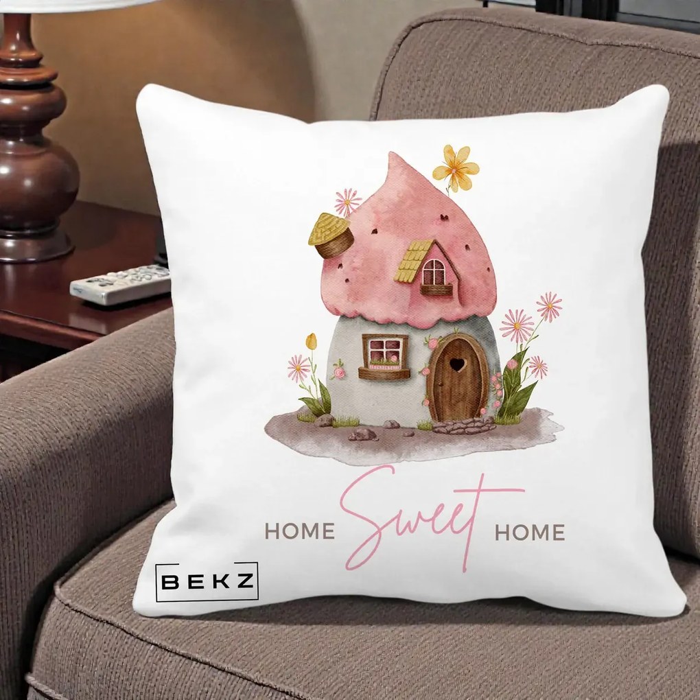 Perna Decorativa Home Sweet Home Casuta, 40x40 cm, Alba Mata, Husa Detasabila, Perna Inclusa, BEKZ®