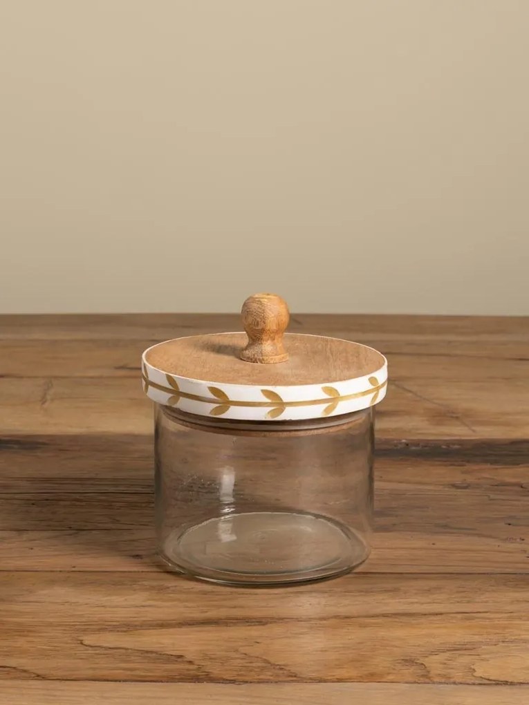 Borcan din sticlă natur cu capac din lemn de mango, model cu frunze stilizate pictat manual, 14 × 12 cm, „Bocage"