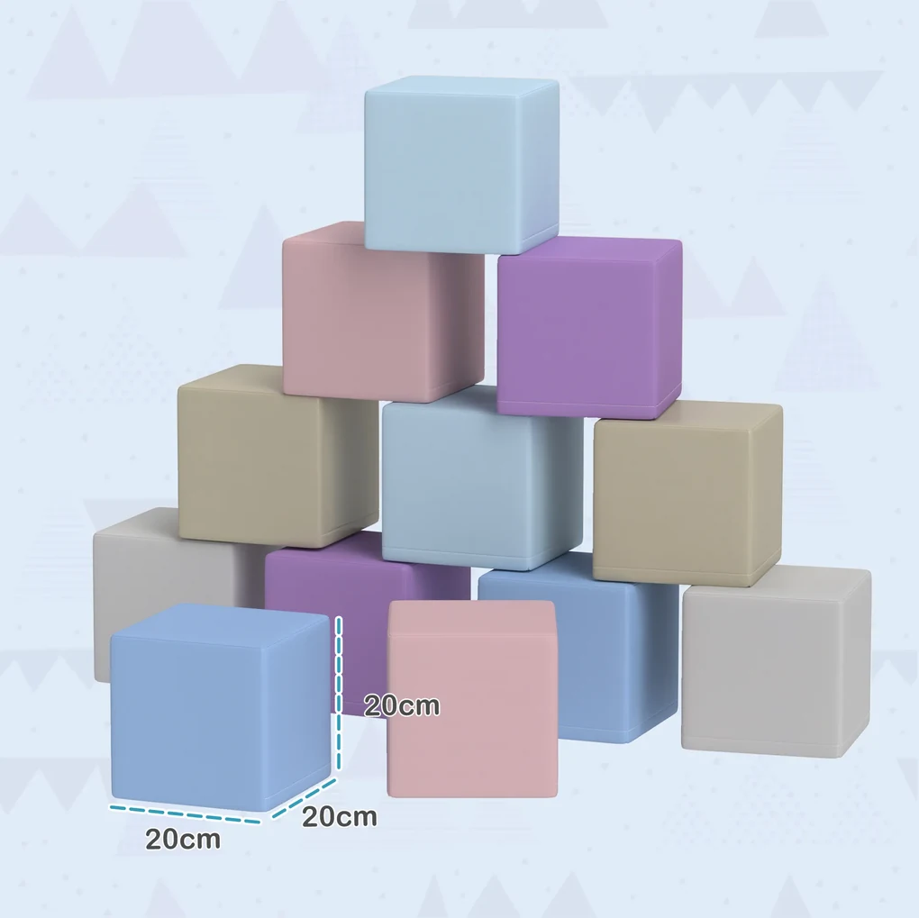 HOMCOM Set 12 Cuburi de Jucărie Moi pentru Copii 12-36 Luni, 20x20x20 cm, Multicolor Deschis | Aosom Romania