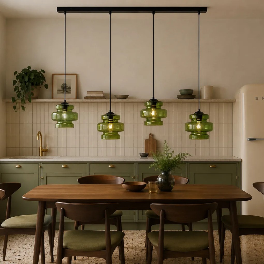 Lampă suspendată retro neagră cu sticlă verde cu 4 lumini - Denise