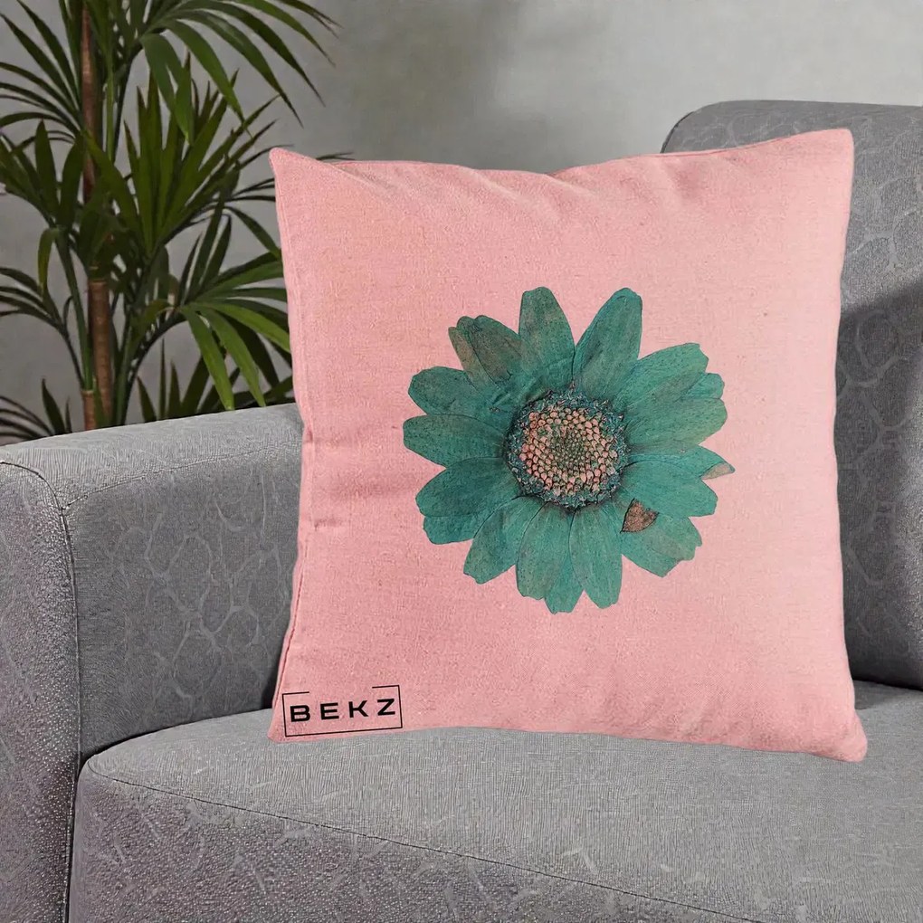 Perna Decorativa Floare Gerbera Teal Acuarela, 40x40 cm, Roz, Husa Detasabila, Perna Inclusa, BEKZ®