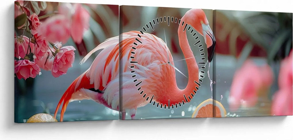 Tablou - Flamingo în iaz (cu ceas) (90x30 cm)