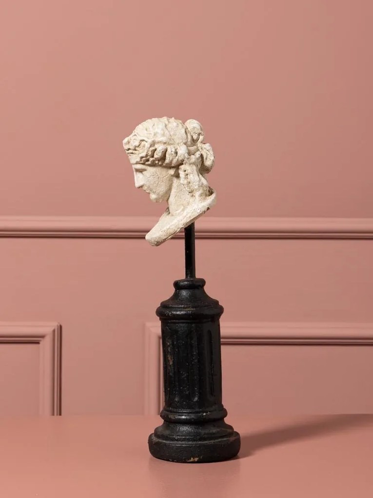 Sculptură decorativă bust de femeie din rășină natur, pe piedestal din lemn negru și tijă din metal, finisaj antichizat, 31 x 10 cm, „Livia”