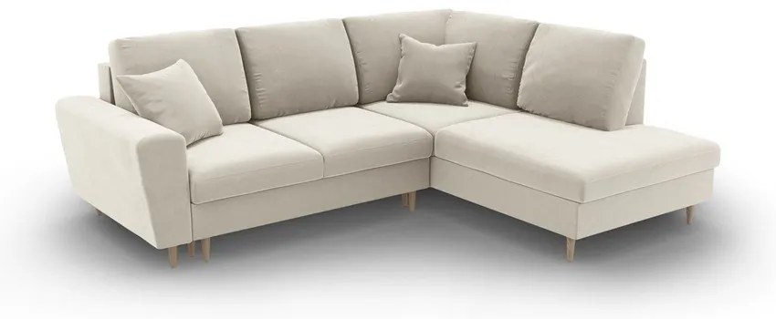 Colțar bej extensibil, cu spațiu de depozitare cu tapițerie din catifea (cu colț pe partea dreaptă-în formă de ”L”) Kyoto – Cosmopolitan Design