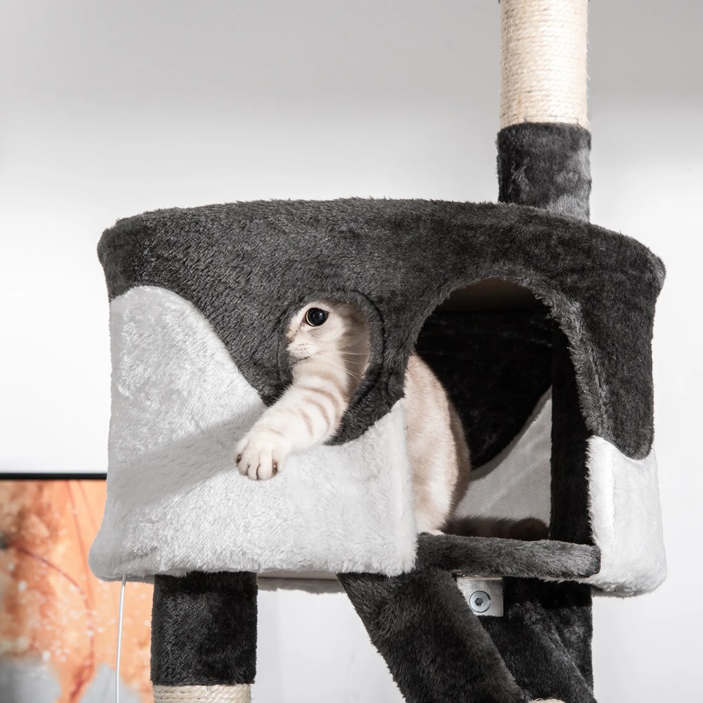 PawHut Stâlp Multifuncțional de Zgâriat cu Pod, Scări și Frânghii Sisal, 60x45x240-260cm, Gri și Alb | Aosom Romania