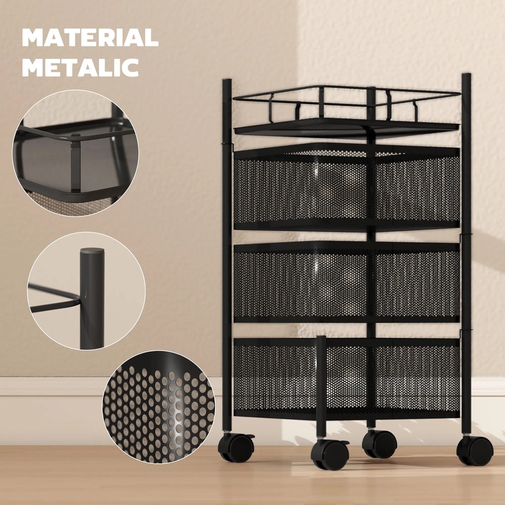 HOMCOM Cărucior de Bucătărie cu 3 Nivele cu Coșuri Rotative din Metal, Roți și Frână, 27,5x27,5x62 cm, Negru | Aosom Romania