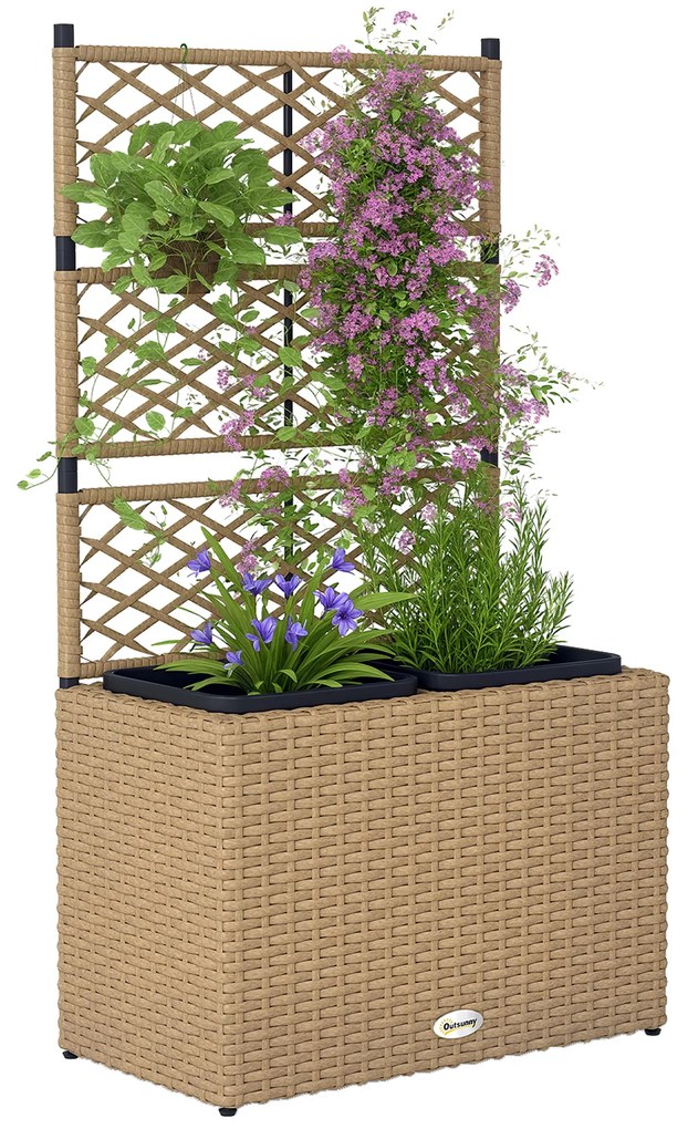 Outsunny Jardiniieră pentru plante cu trei băci în rășină împletită și oțel 57 x 30 x 107 cm nisip | Aosom Romania