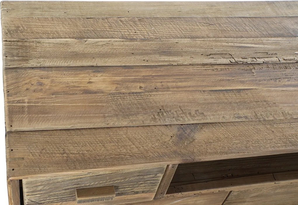 Comodă TV living din lemn reciclat, natur, cu 4 uși, 2 sertare, 2 nișe deschise și picioare oblice, finisaj antichizat, 65 x 180 x 48 cm, „Aubeline”