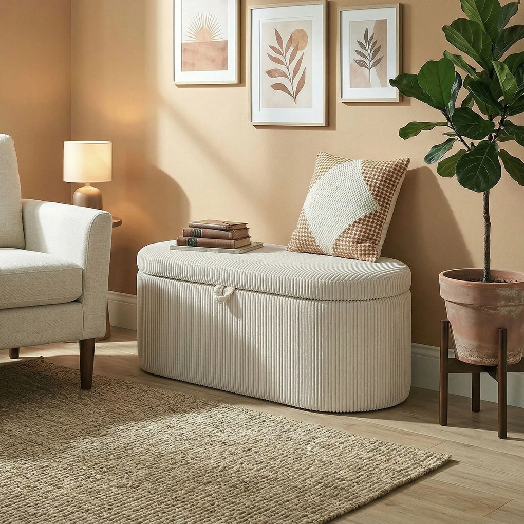 HOMCOM Ottomană de depozitare, tapițerie din cord cu șezut căptușit, bancă la capătul patului, 105 x 51 x 49 cm, Bej | Aosom Romania