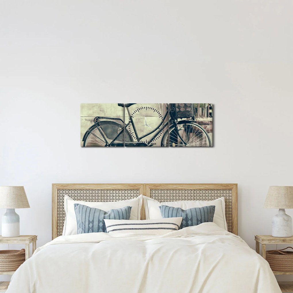 Tablou - Bicicleta de epocă cu flori (cu ceas) (90x30 cm)