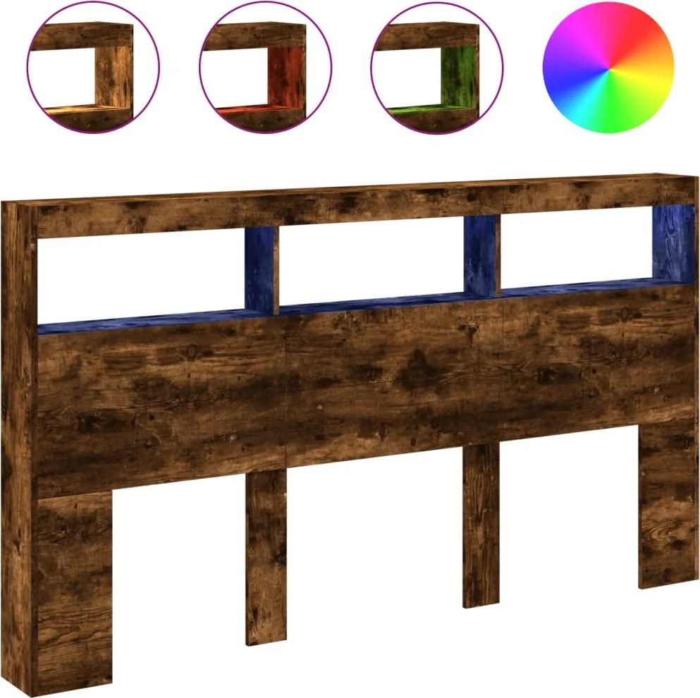 vidaXL Tăblie de pat cu dulap și LED, stejar fumuriu, 180x17x102 cm