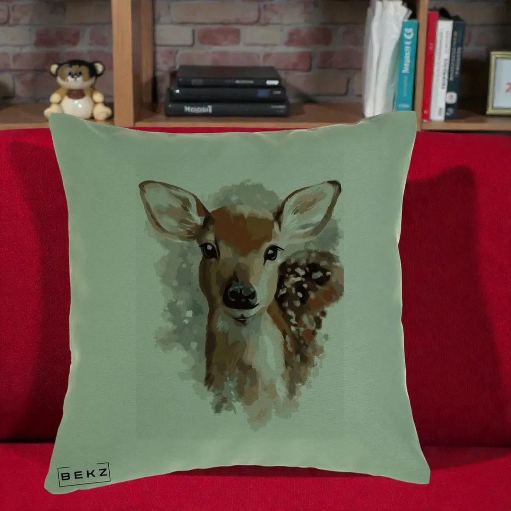 Perna Decorativa Caprioara Pui Acuarela, 40x40 cm, Verde, Husa Detasabila, Perna Inclusa, BEKZ®