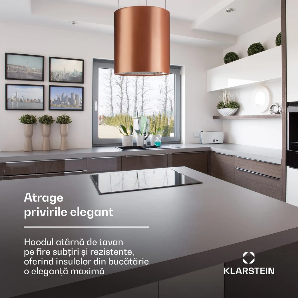 Klarstein Barett, hotă suspendată, Ø 38 cm, recirculare a aerului 590 m³ / h, LED, cupru