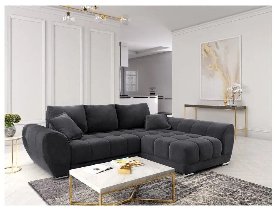 Colțar extensibil cu tapițerie de catifea și șezlong pe partea dreaptă Windsor & Co Sofas Nuage, gri închis