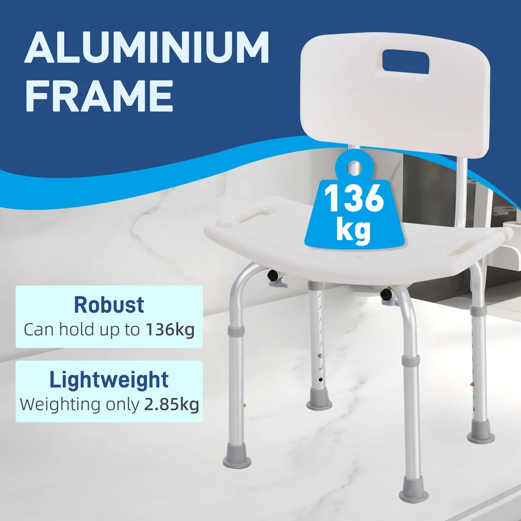 HOMCOM Scaun de Duș Antiderapant cu Spătar și Înălțime Reglabilă pe 8 Poziții, 50,6x43x71-88 cm, Alb | Aosom Romania