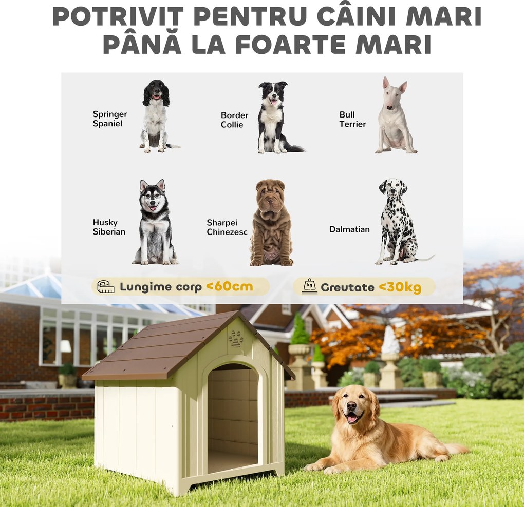 PawHut Căsuță pentru câini de talie medie și mare, ridicată, cu acoperiș înclinat, guri de aerisire și cuie, căsuță din PP, 88x78x89 cm, Bej și Maro Închis | Aosom Romania