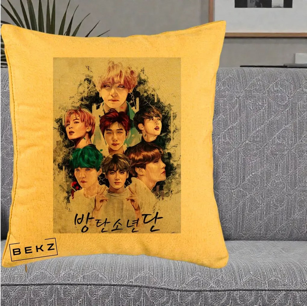 Perna Personalizata K-pop BTS Bangtan Boys Poster Artistic Negru Alb, 40x40 cm, Galben, Husa Detasabila, Perna Inclusa, BEKZ®