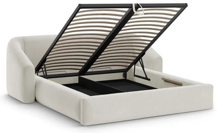 Pat matrimonial bej tapițat cu spațiu de depozitare cu somieră 140x200 cm Campi – Cosmopolitan Design