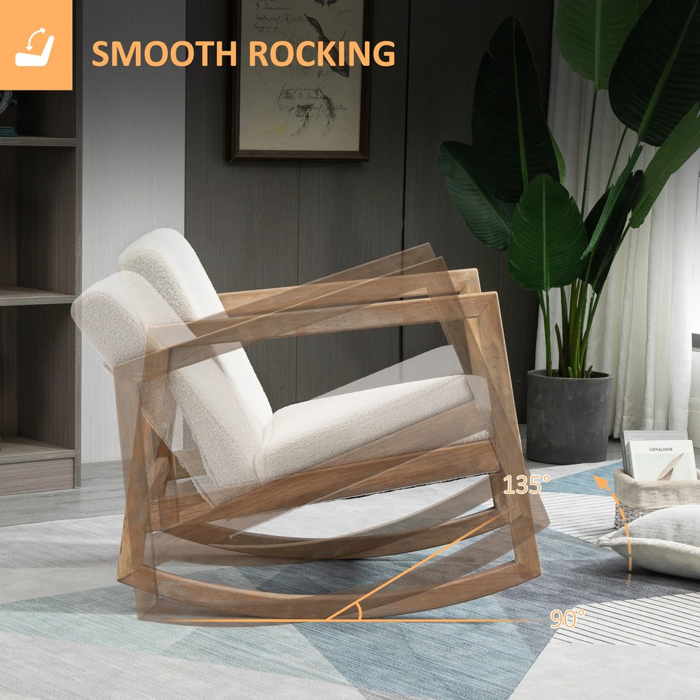 HOMCOM Scaun Balansoar Minimalist cu Pernuțe pentru Scaun și Spătar, Scaun pentru Sufragerie din Lemn de Caucciuc, Pluș și Spumă, 60x81x71 cm, Crem | Aosom Romania