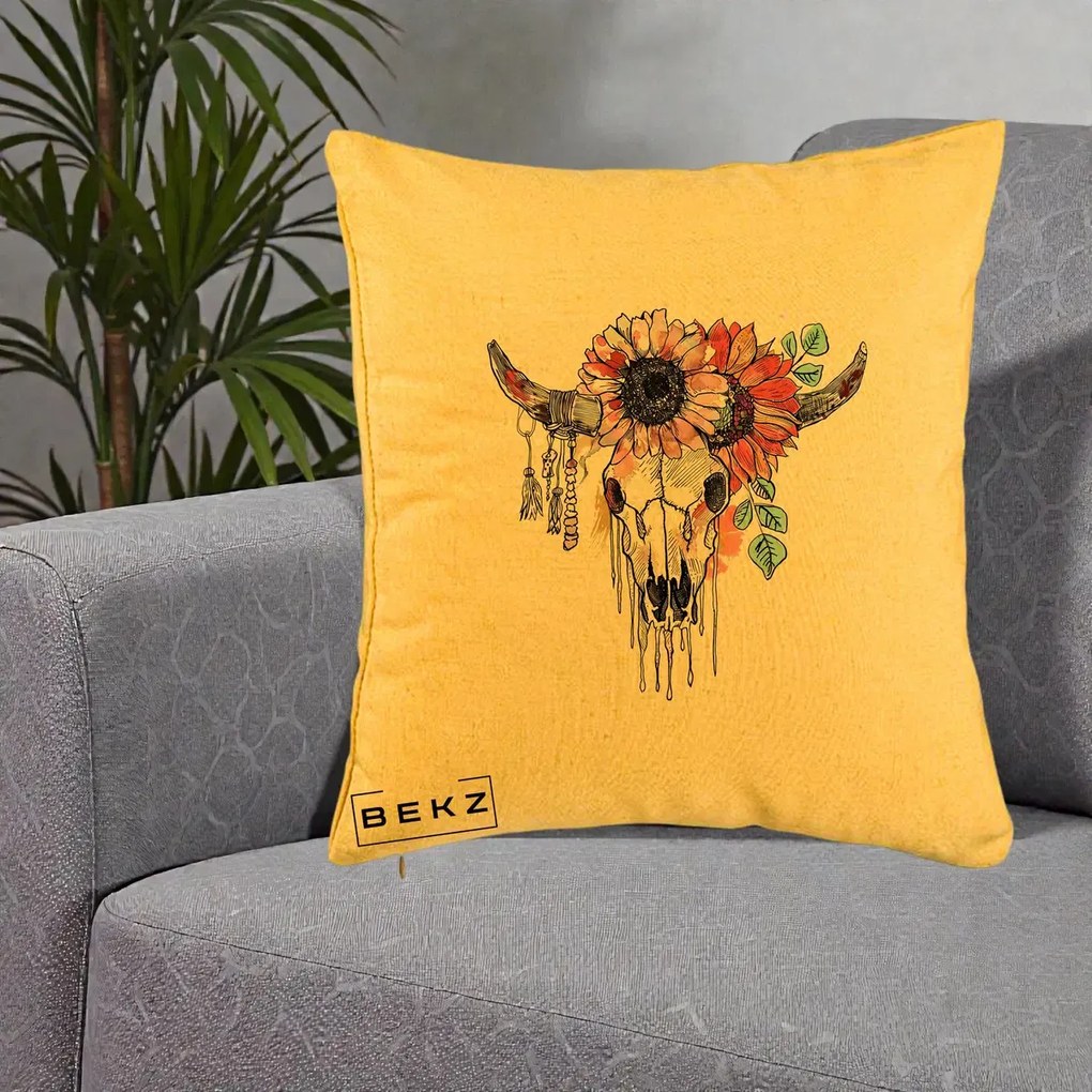 Perna Decorativa Craniu Boho Floral, 40x40 cm, Galben, Husa Detasabila, Perna Inclusa, BEKZ®