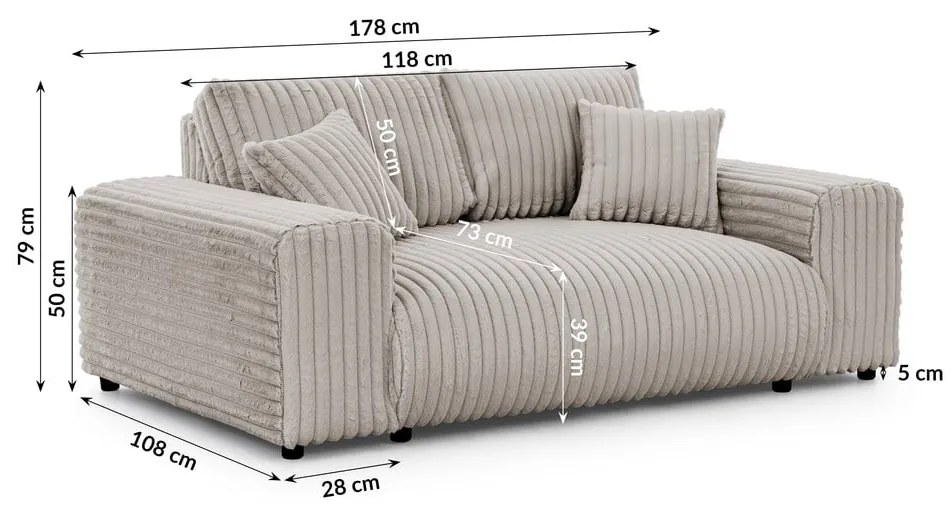 Canapea gri deschis cu tapițerie din catifea reiată 178 cm Justin – Ropez