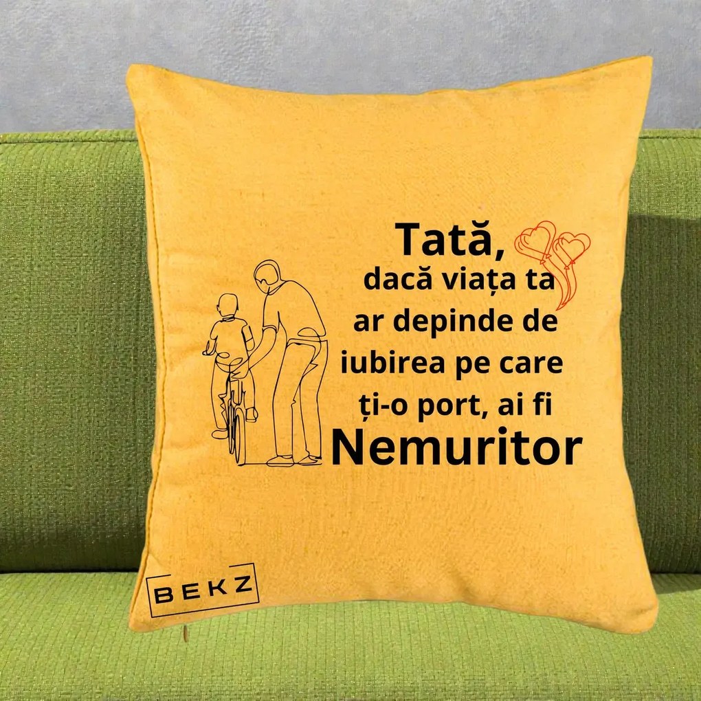 Cadou pentru Tata - Perna Personalizata Tata Nemuritor Bicicleta, 40x40 cm, Galben, Husa Detasabila, Perna Inclusa, BEKZ®