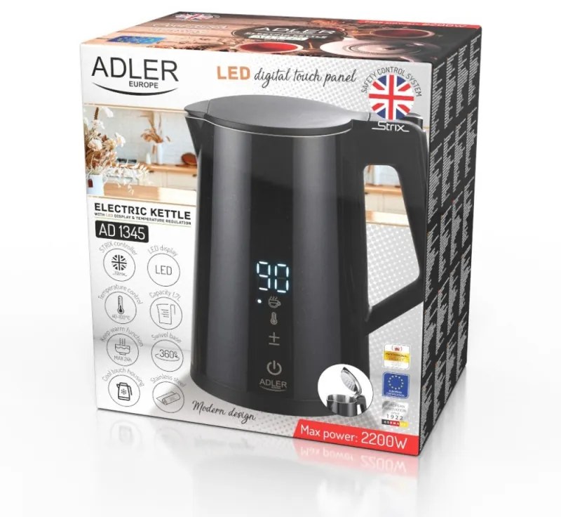 Cana electrica Adler AD 1345, Digitala, 40-100C, 2200W, 1.7L, STRIX, Negru