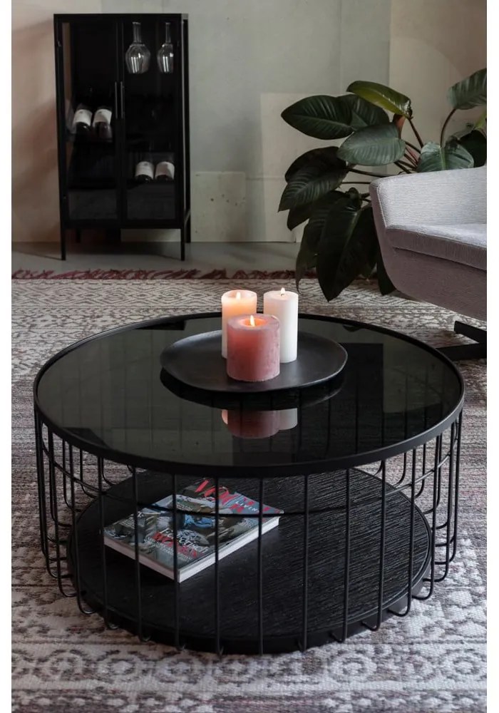 Măsuță de cafea neagră rotundă cu blat din sticlă 80x80 cm Lance – White Label