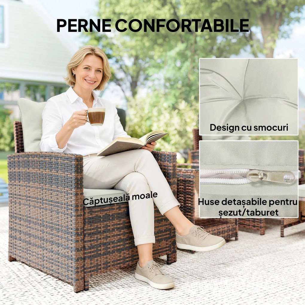 Outsunny Set de Mobilier de Grădină din Rattan 5 Piese, Set de Mobilier Exterior cu 2 Suporturi pentru Picioare, 2 Fotolii, Masă de Cafea cu 2 Niveluri, Perne, pentru Balcon, Terasă, Patio, Maro/Crem | Aosom Romania