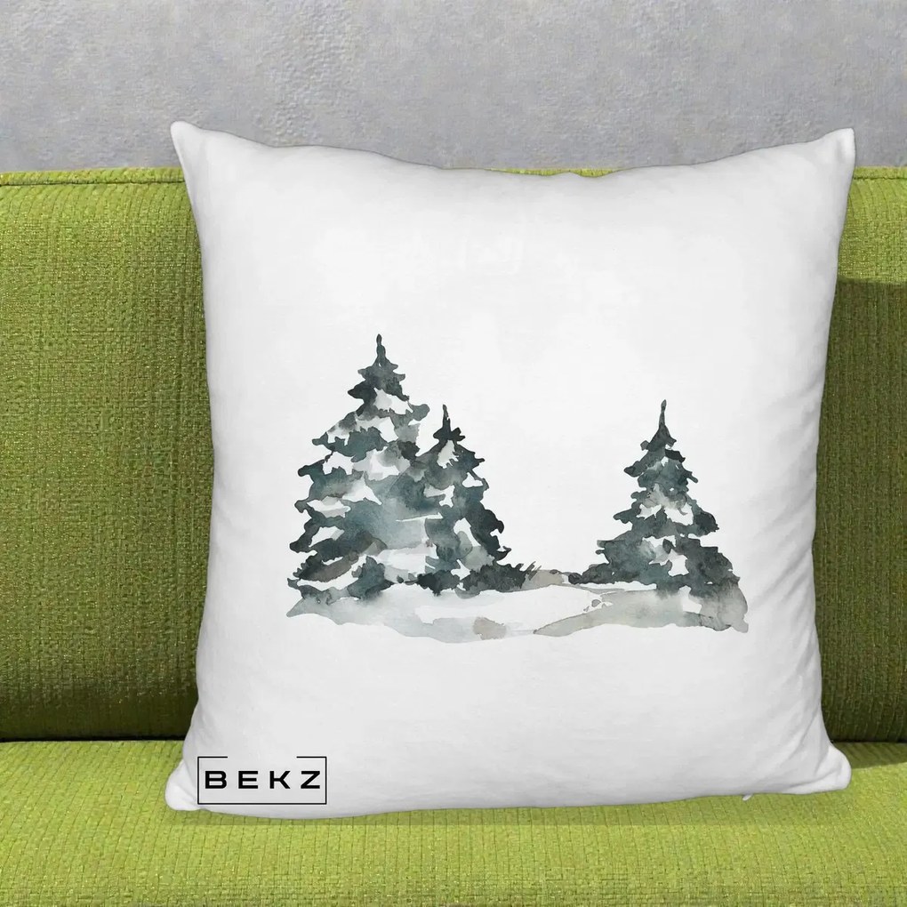 Perna Decorativa Brazi Inzapeziti Acuarela, 40x40 cm, Alb Pufos, Husa Detasabila, Perna Inclusa, BEKZ®