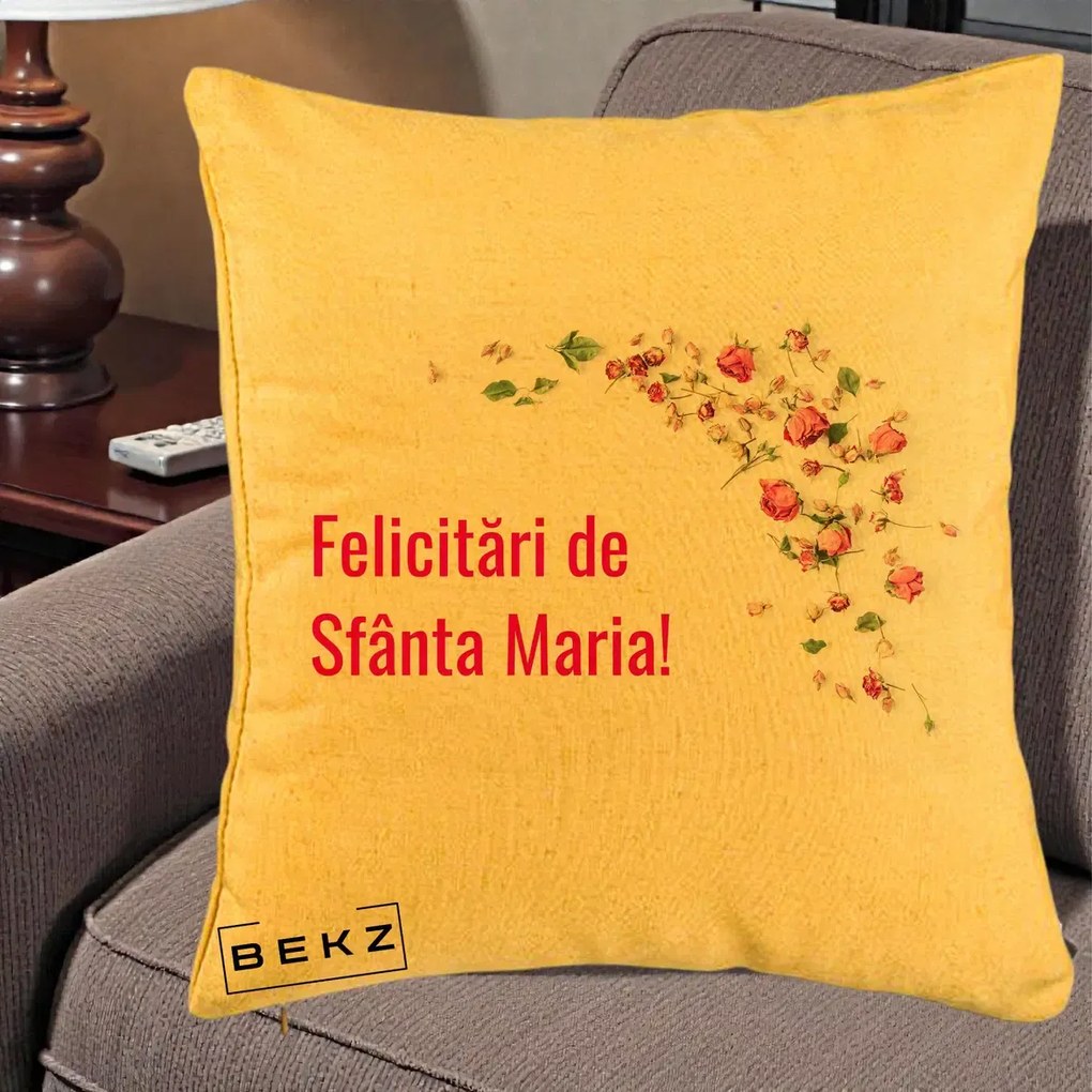 Cadou de Onomastica - Perna Personalizata Felicitari de Sfanta Maria, 40x40 cm, Galben, Husa Detasabila, Perna Inclusa, BEKZ®
