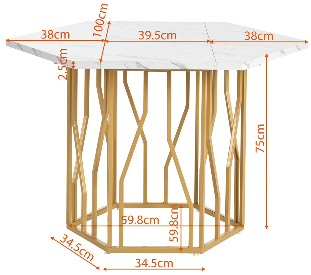 Masă de dining hexagonală modernă, Alb+Auriu | Aosom Romania