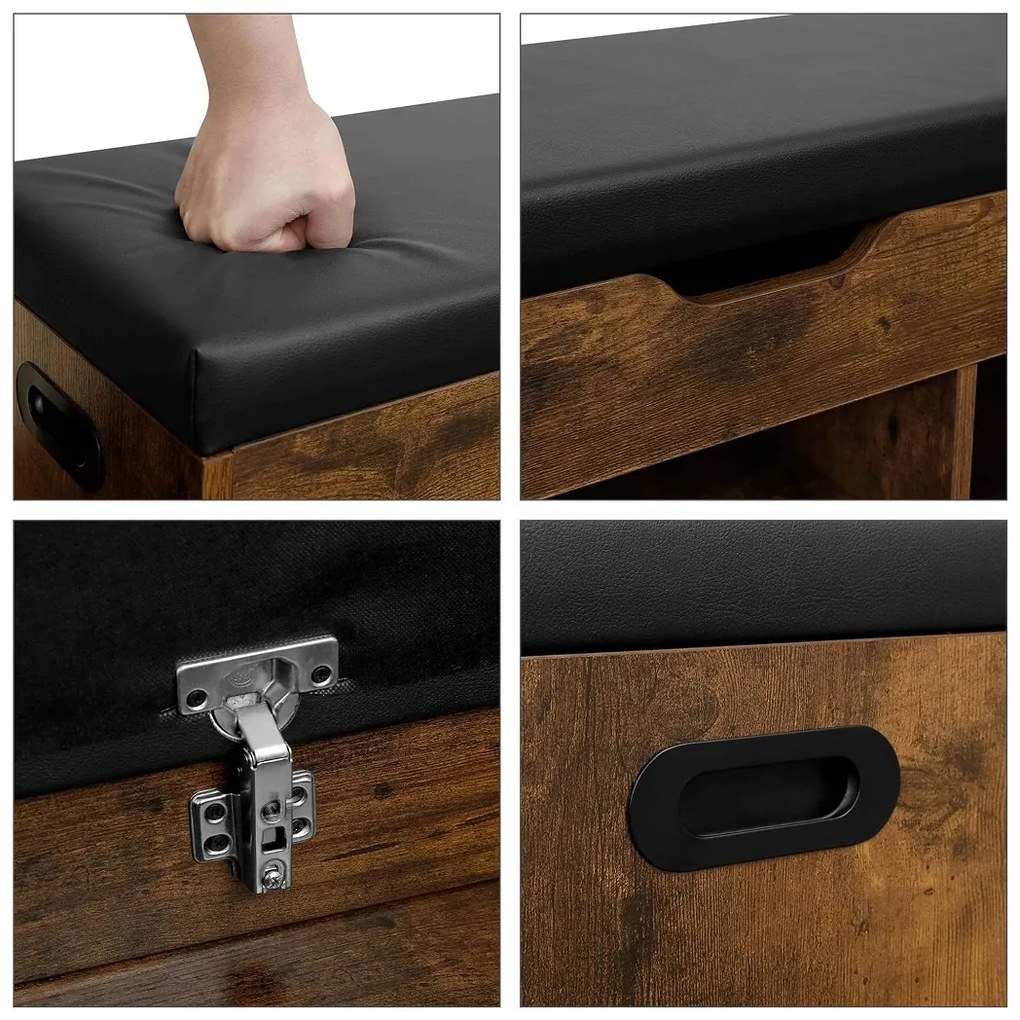 Pantofar cu bancă și spațiu de depozitare LUJZA, 80x30x44cm, maro închis/negru Vasagle