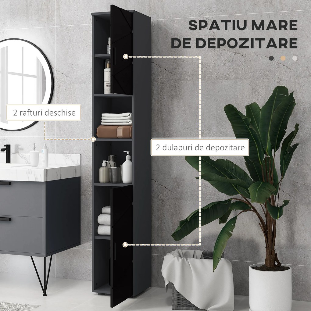 Dulap Baie, Inalt de 183cm cu 2 rafturi deschise si doua dulapuri cu 2 nivele, 30x30x183cm, Negru kleankin | Aosom Romania