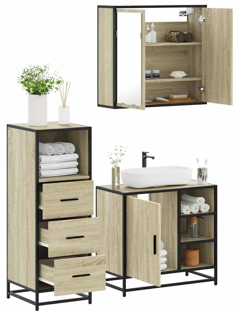 vidaXL Set mobilier de baie, 3 piese, stejar sonoma, lemn prelucrat