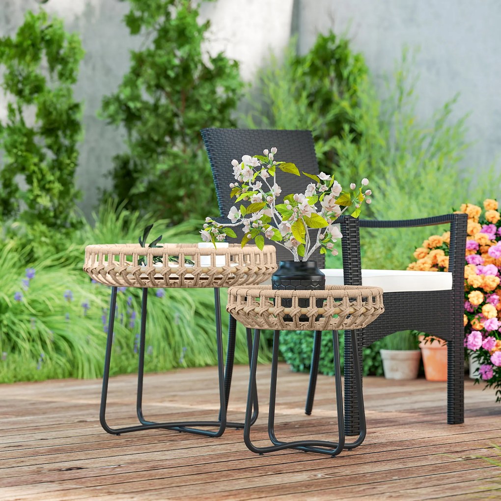 Outsunny Set de 2 mese de cafea din poliratan Ø60/41 cm rotunde rezistente la intemperii, masă de grădină cu picioare X reglabile, maro | Aosom Romania
