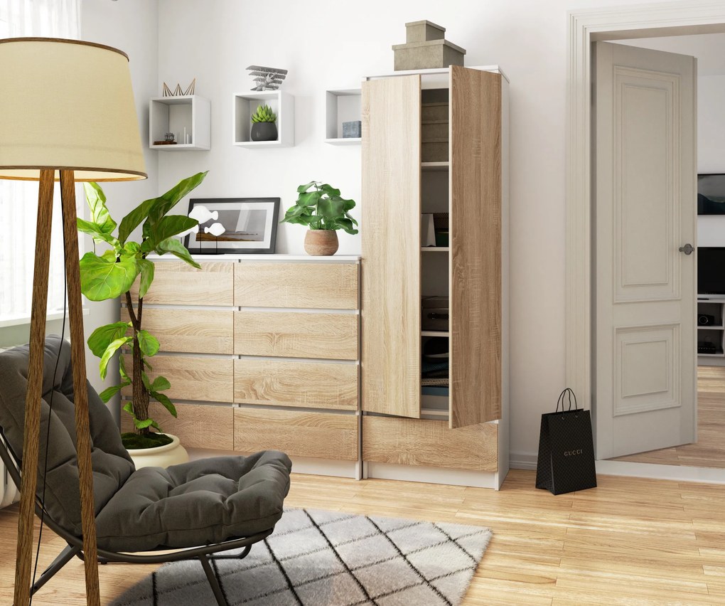 Dulap cu rafturi Renzo (alb + stejar sonoma). 1069572