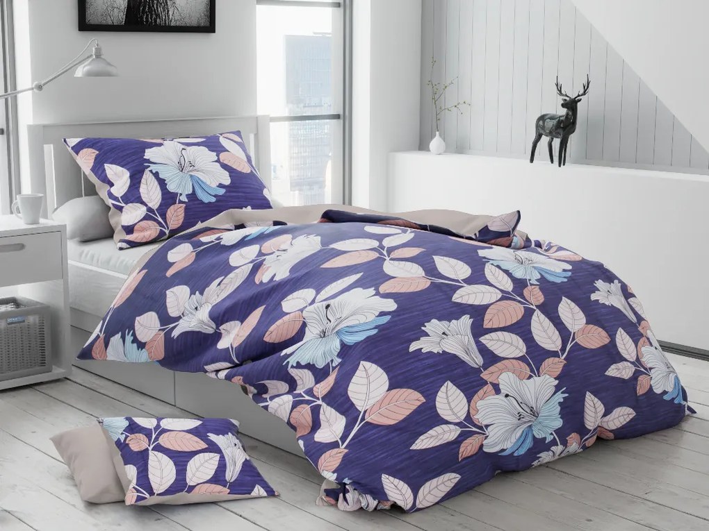 Lenjerie de pat din bumbac flanelat Culoare Albastru, PLANTE + husa de perna 40x50 cm gratuit