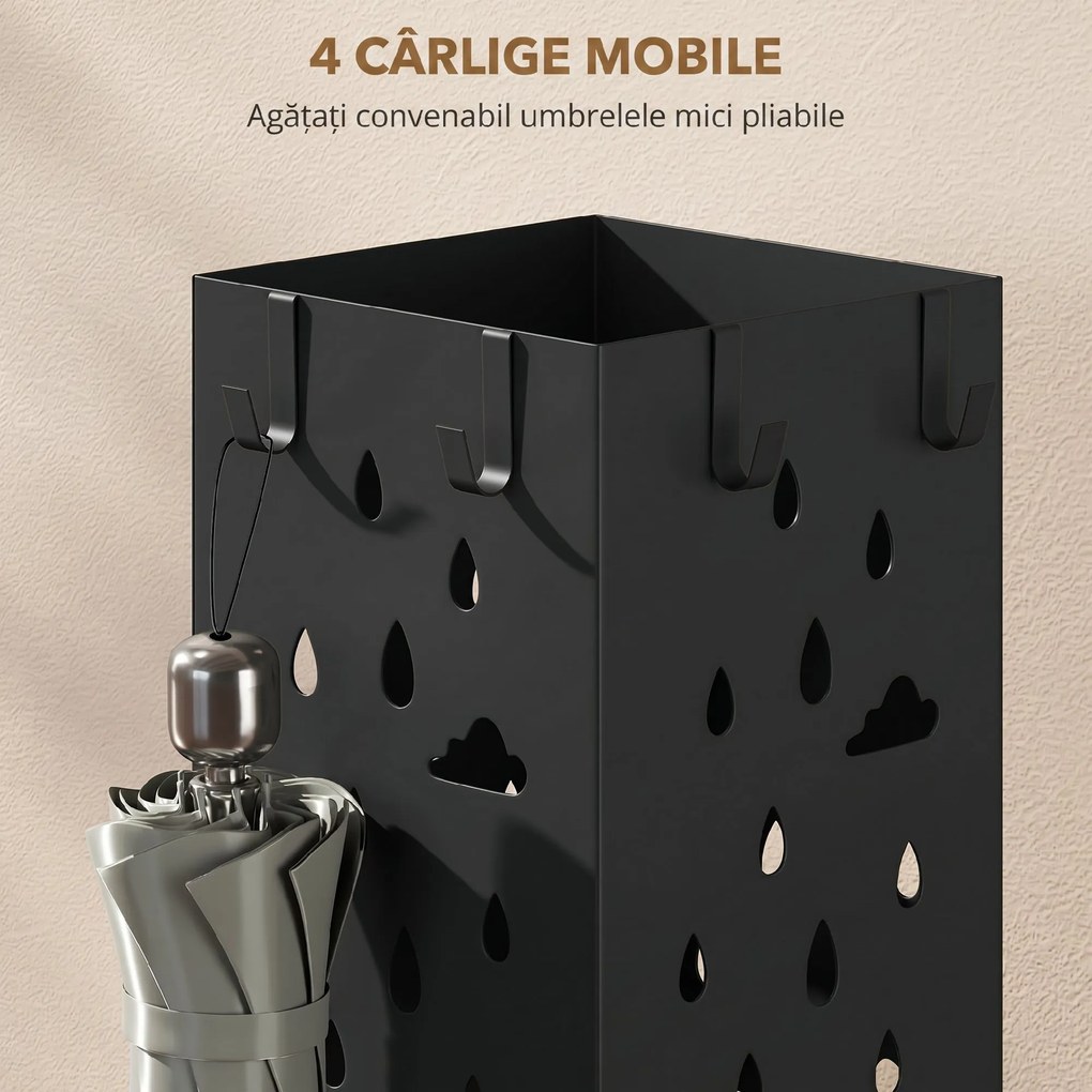 HOMCOM Suport de Umbrele Pătrat din Metal pentru Intrare, Suport Autoportant cu Tavă Detașabilă și 4 Cârlige, pentru Interior și Exterior, 15.5x15.5x49 cm, Negru | Aosom Romania