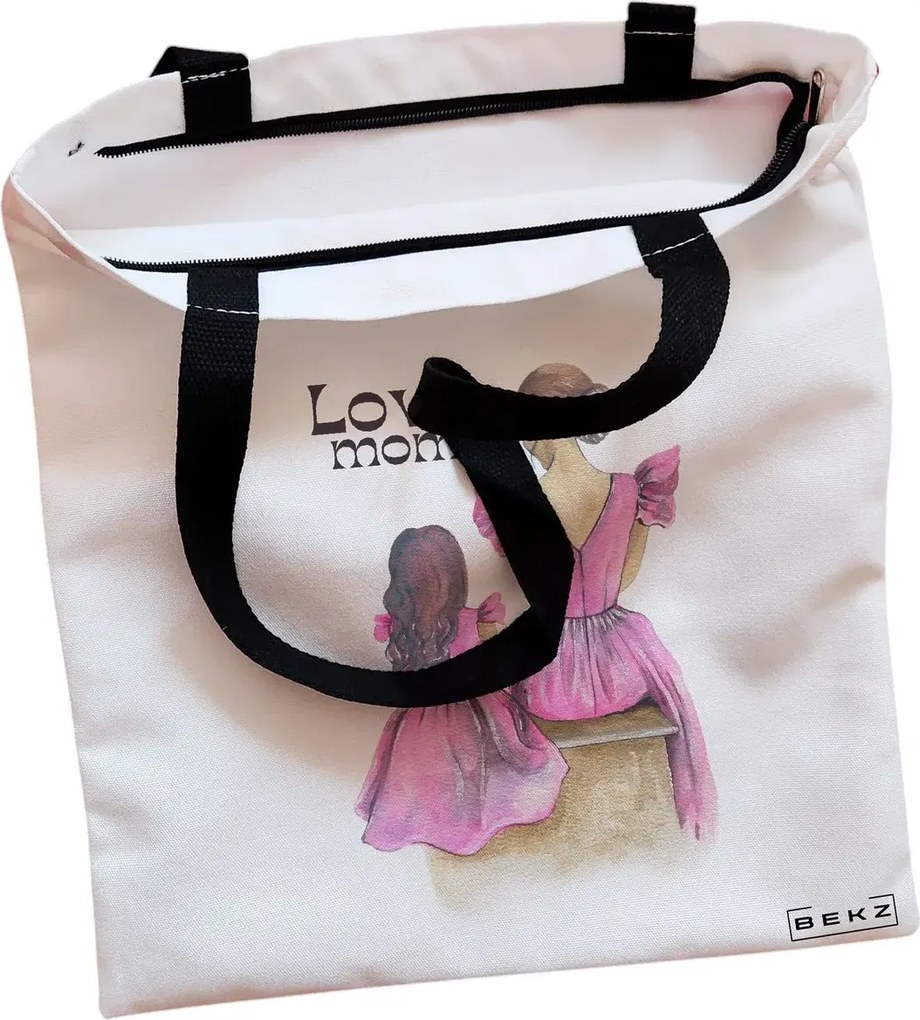 Sacosa de Panza pentru Cumparaturi, Geanta Tote, model Love Mom, Cu fermoar, 38x34.5 cm, Alba, BEKZ®