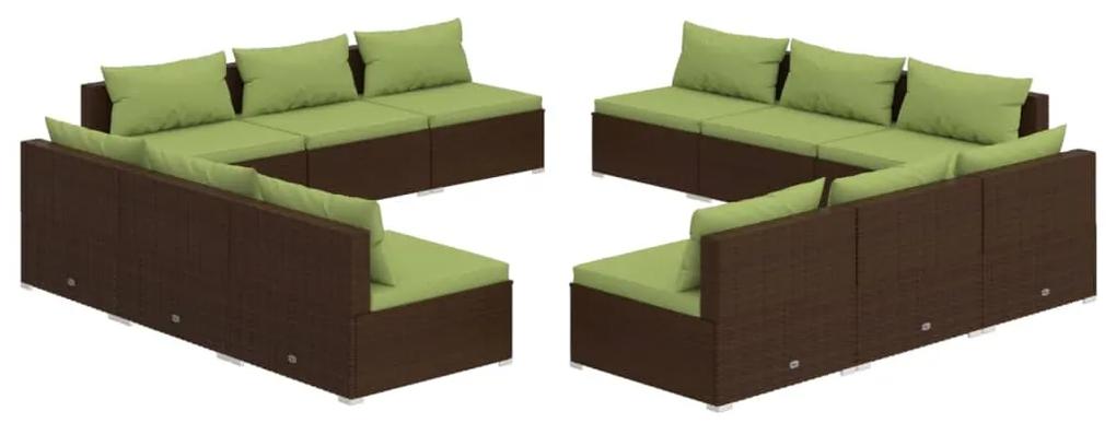 Set mobilier de gradina cu perne, 12 piese, maro, poliratan maro si verde, 12x mijloc, 1