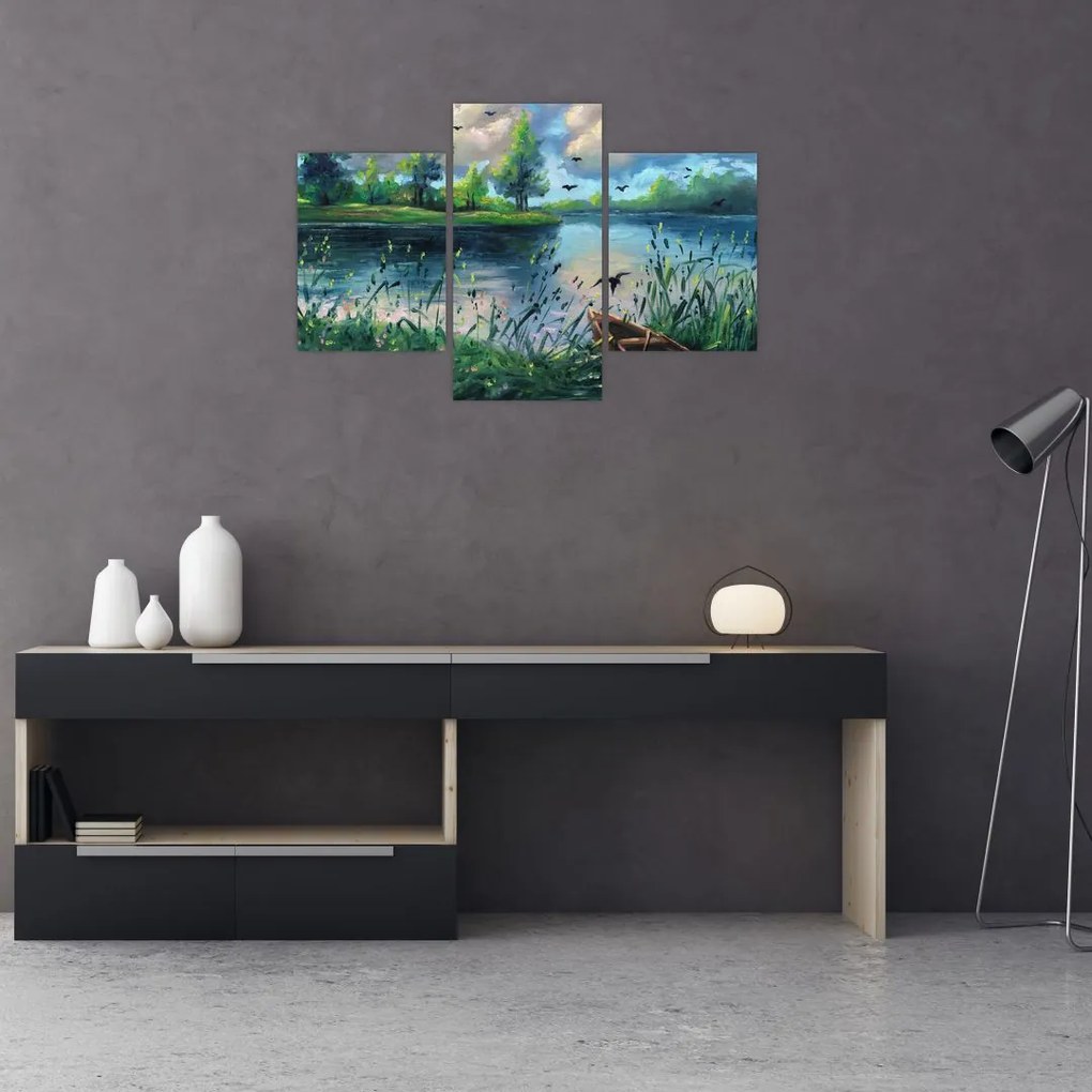 Tablou- Pictură în ulei, seară de vară lângă lac (90x60 cm)