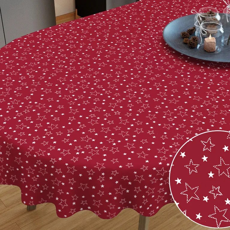 Goldea față de masă din bumbac - model 015 de crăciun - steluțe albe pe roșu - ovală 80 x 140 cm