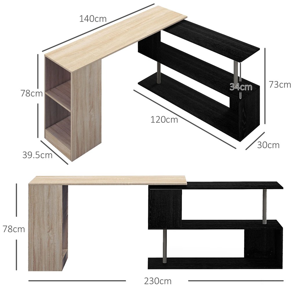 HOMCOM Birou de Colț cu Raft în Formă de S, Birou Modern din Lemn, 140x120x78 cm, Lemn Natural | Aosom Romania