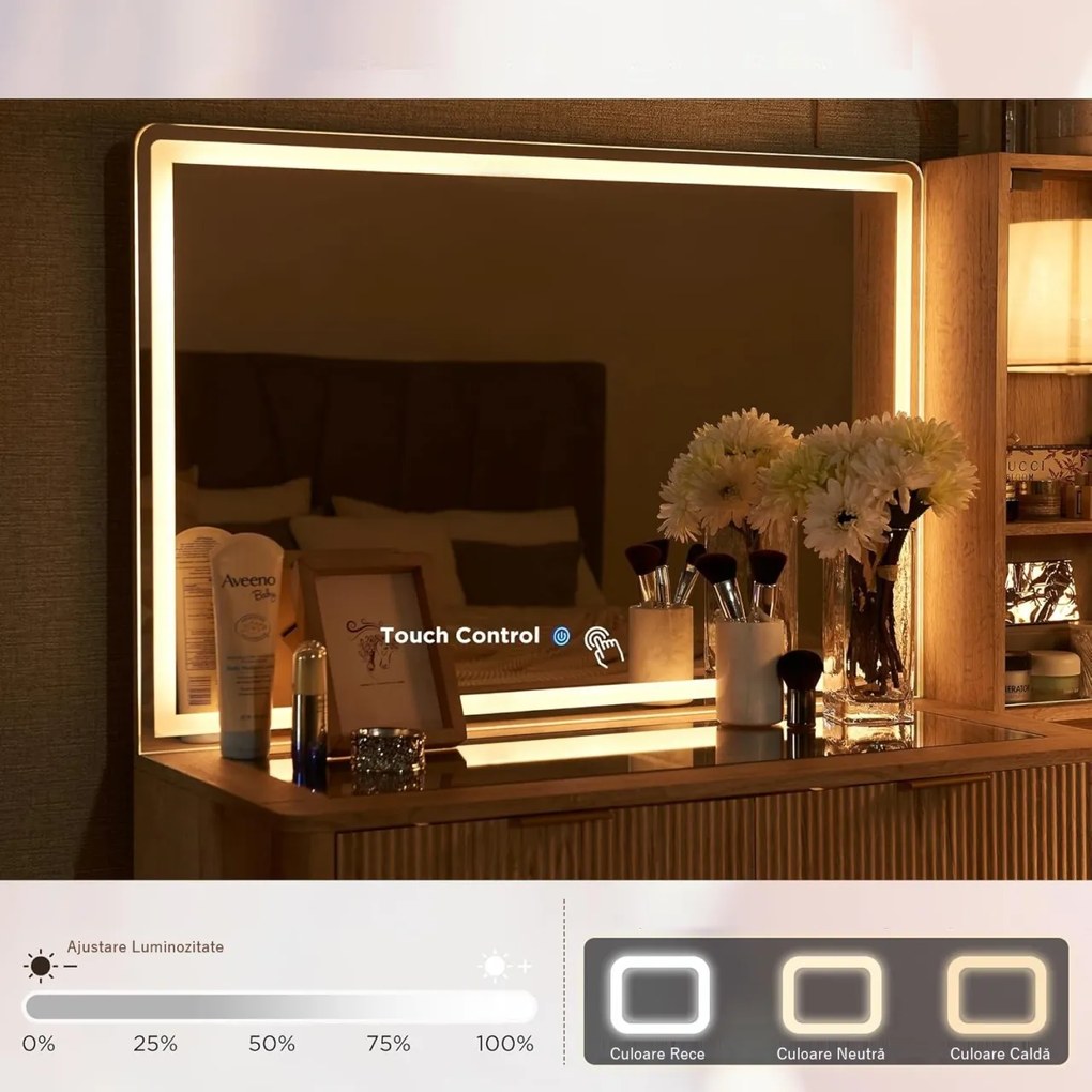 Masuta machiaj cu Oglinda LED si 5 Sertare pentru Cosmetice, Set Masa toaleta 122 cm, Alb, Antracit sau Culoarea Stejar, masuta cosmetica, vanity -