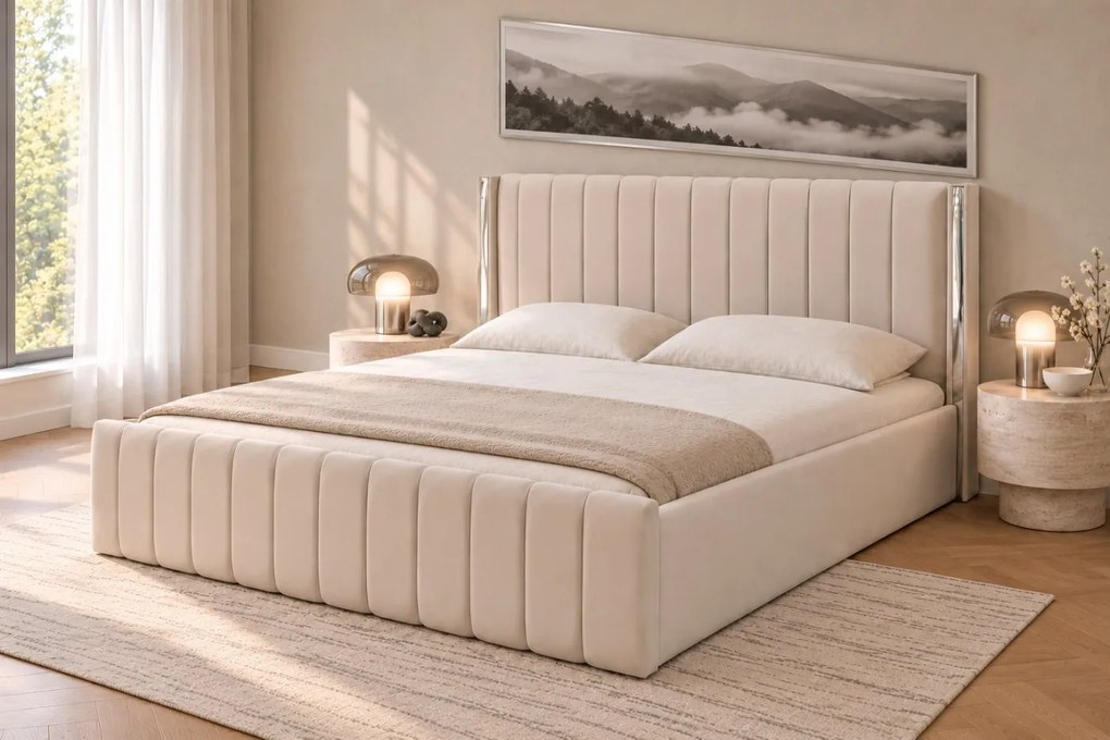 Pat tapițat din catifea Aurelia 140×200 cm, crem, detalii argintii, cu ladă de depozitare