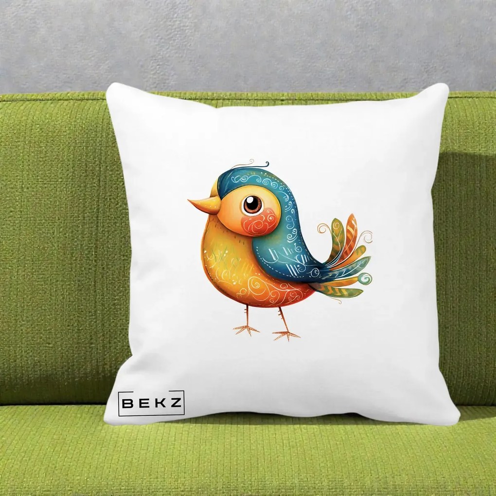 Perna Decorativa Pasare Folk Art Portocalie-Teal, 40x40 cm, Alba Mata, Husa Detasabila, Perna Inclusa, BEKZ®